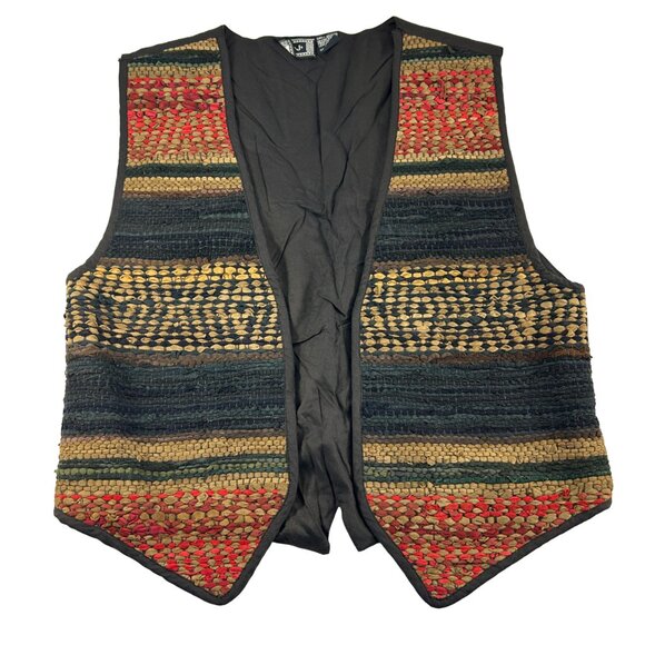 Vintage A.J. Leather Vest Womens Size Medium Woven Leather Rayon Lined Boho FLAW - Picture 3 of 12